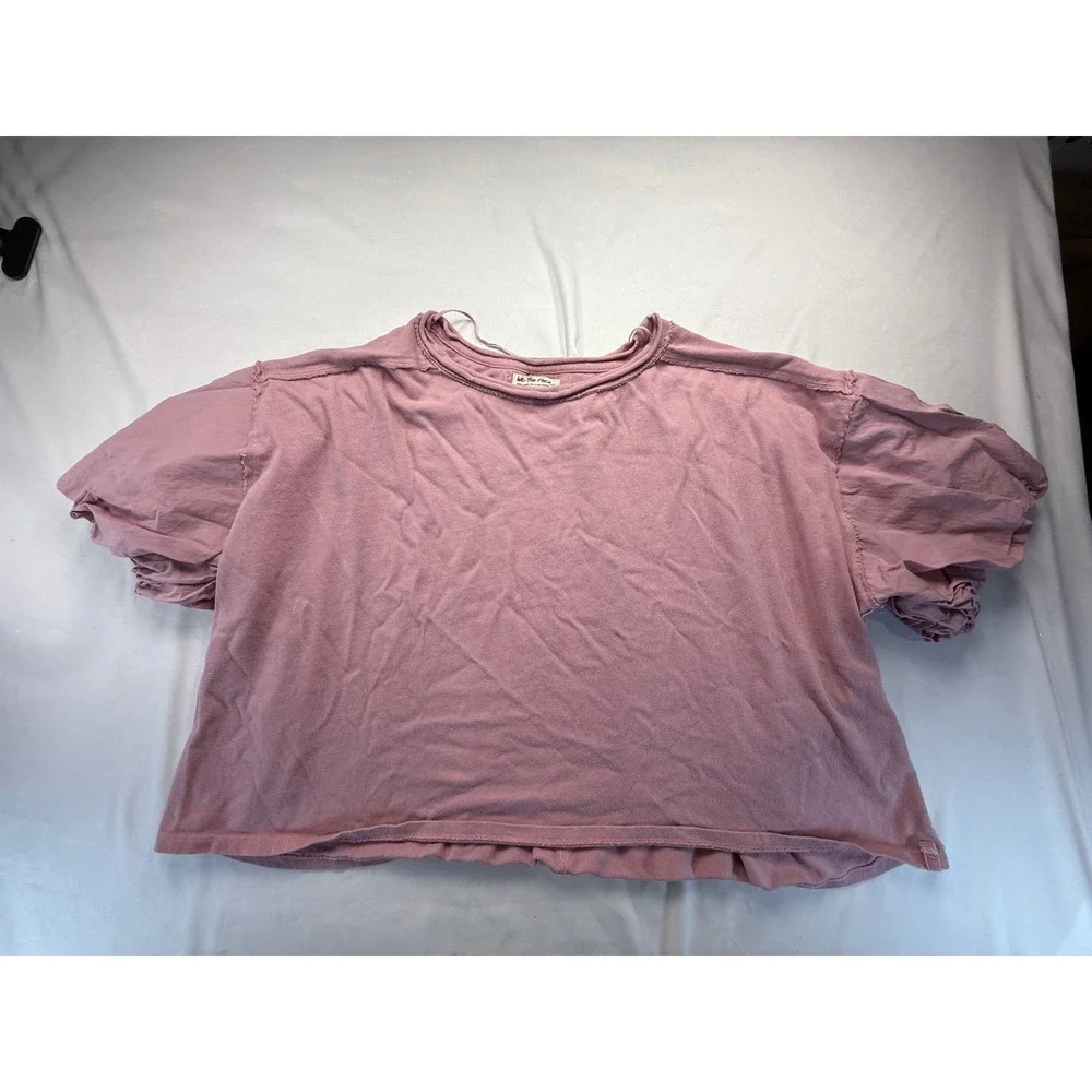 We The Free People Womens XL Pink Ribbed Puff Sleeve Boxy Cropped T-Shirt Top
